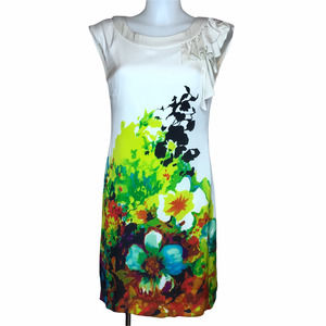 Eci Silk Floral Sheath Dress Size 6 Sleeveless Ruffle Bright Colors Knee Length